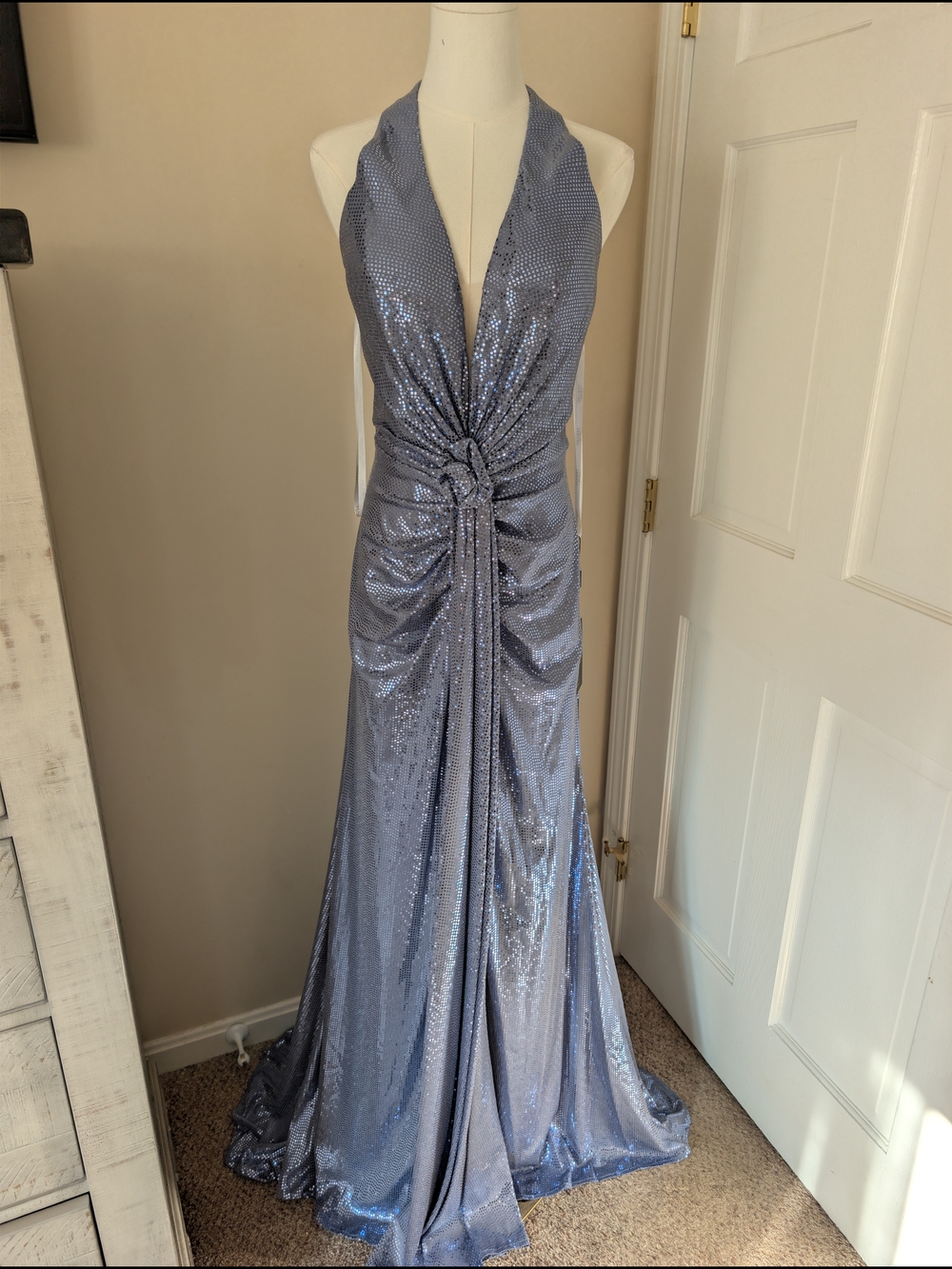NWT Terani Couture 251P4369 Sequin Halter Rosette Gown Denim Blue Size 10